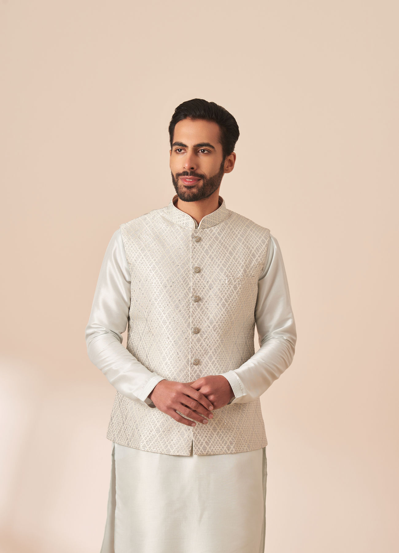 Manyavar Men Light Grey Patterned Kurta Jacket Set