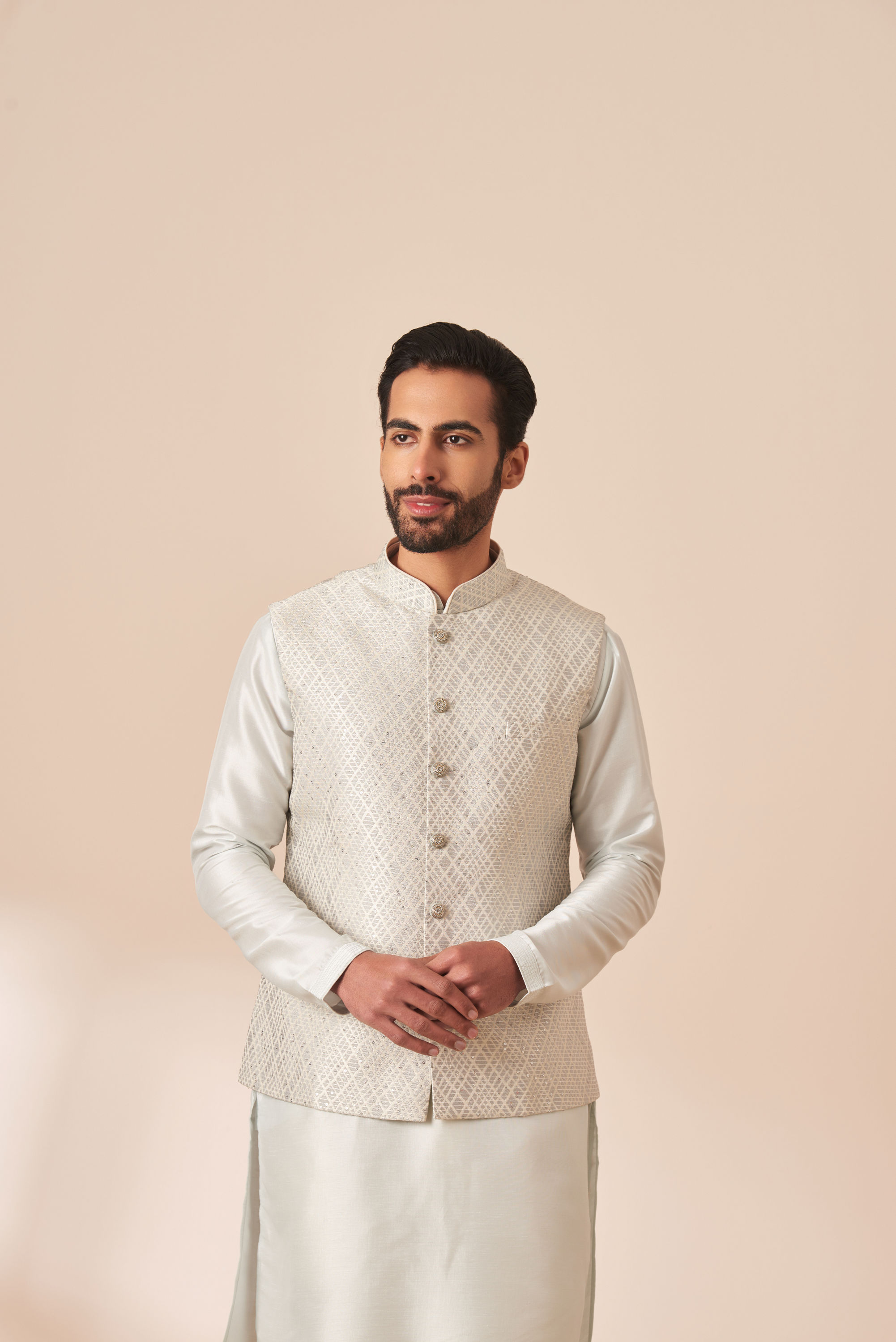 Manyavar Men Light Grey Patterned Kurta Jacket Set