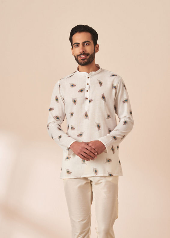 Manyavar Men White Peacock Motif Short Kurta