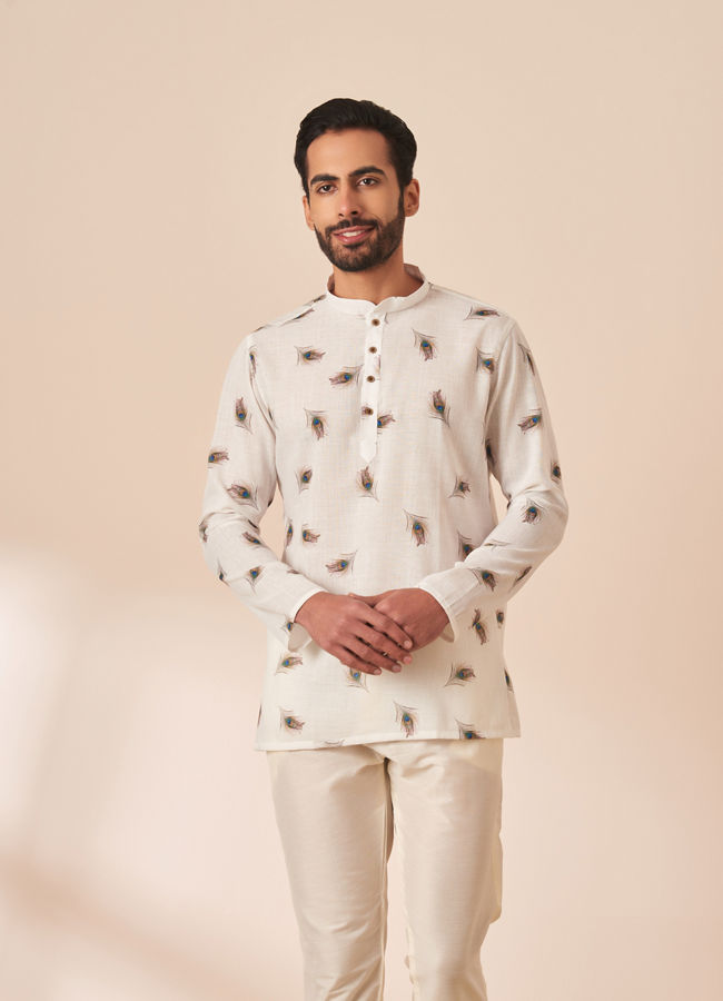 White Peacock Motif Short Kurta image number 0