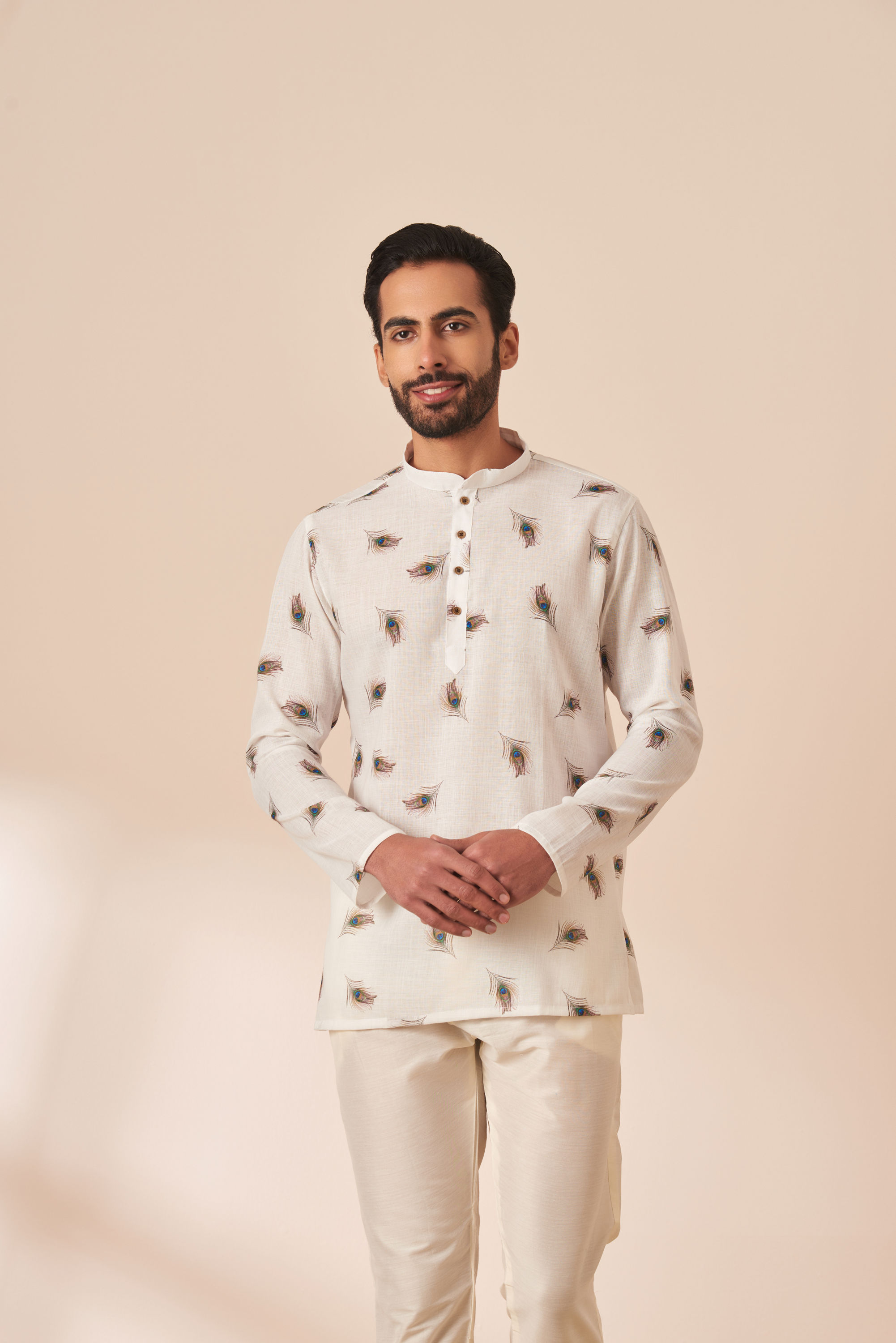 Manyavar Men White Peacock Motif Short Kurta