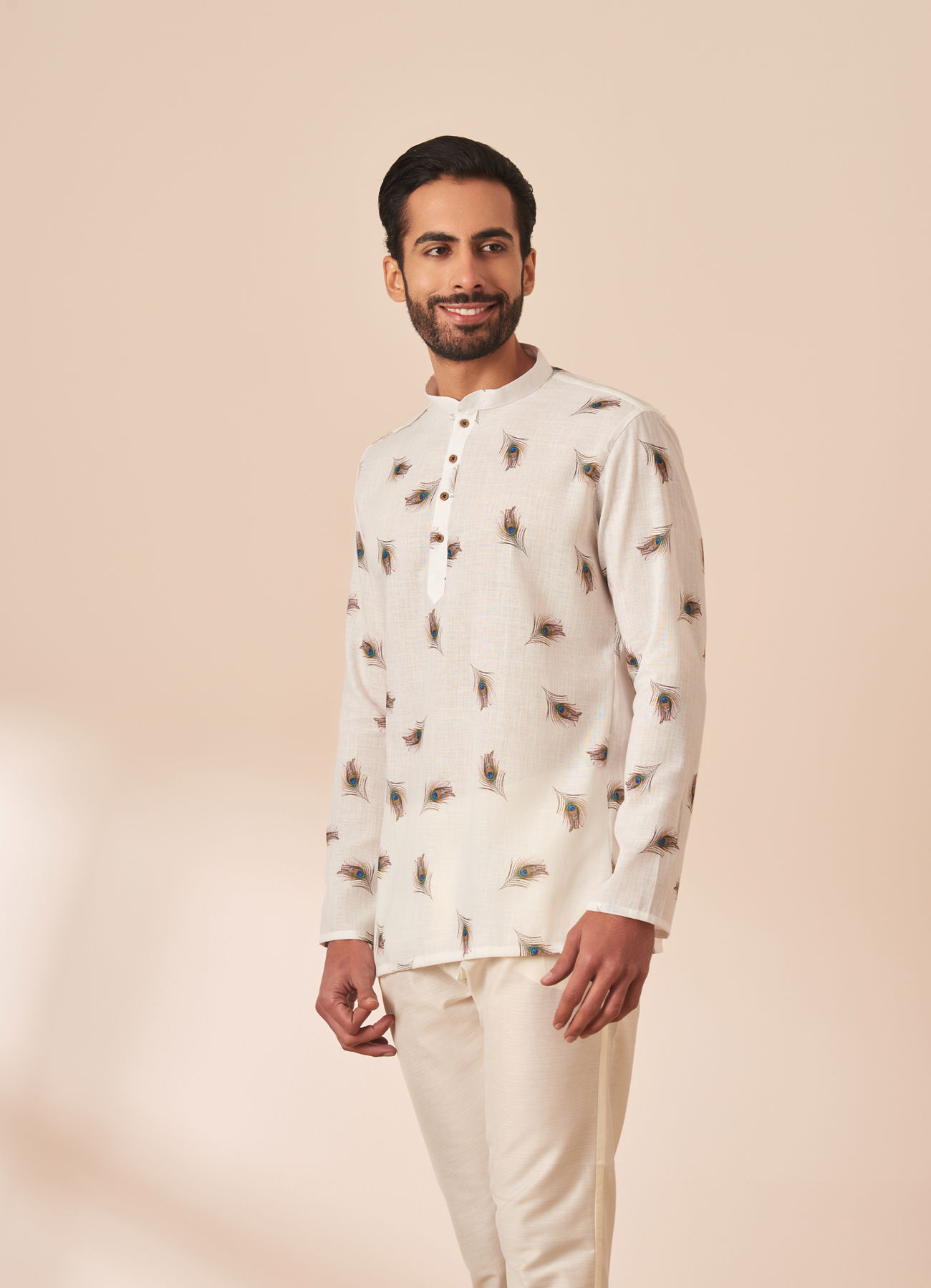 Manyavar Men White Peacock Motif Short Kurta