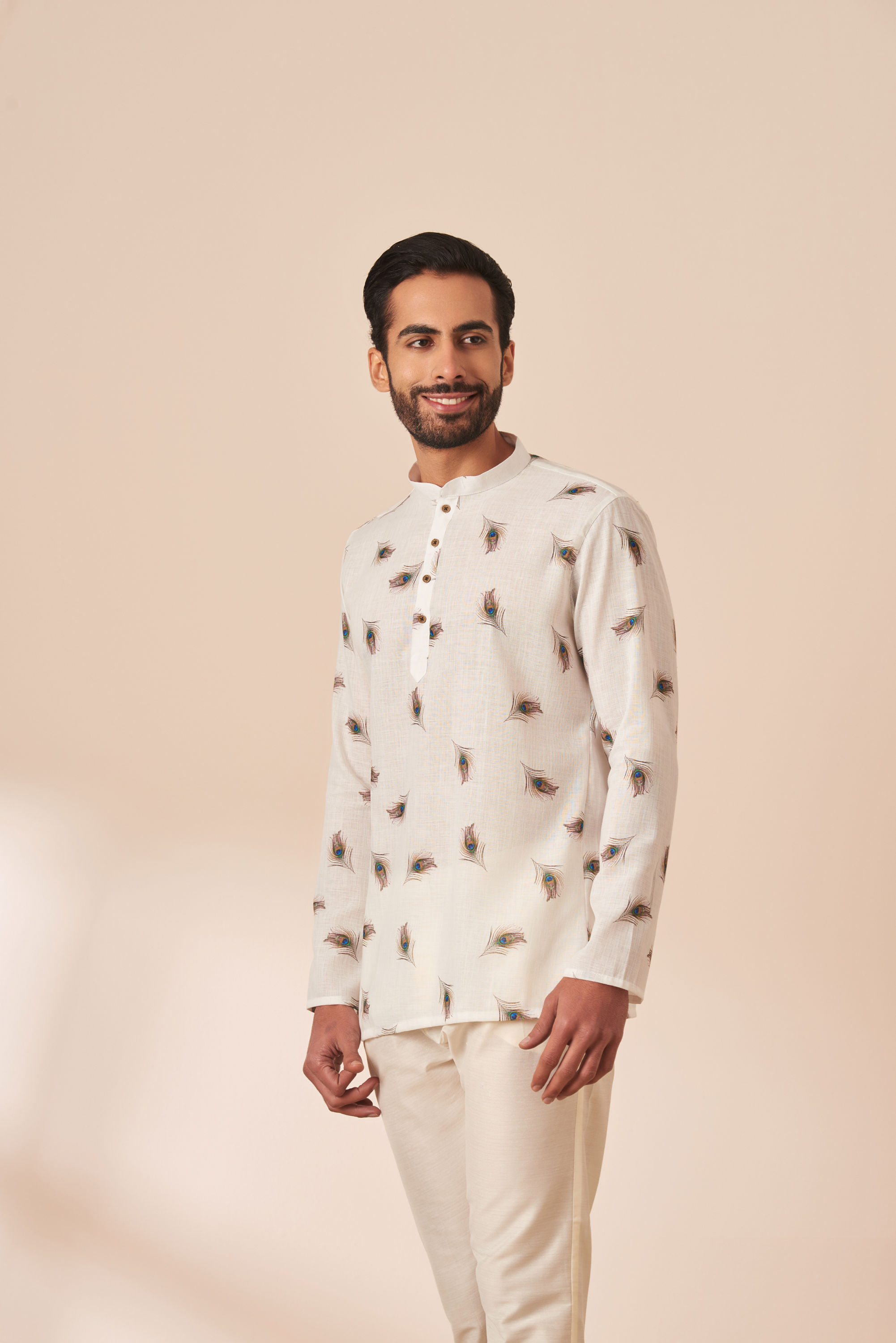 Manyavar Men White Peacock Motif Short Kurta