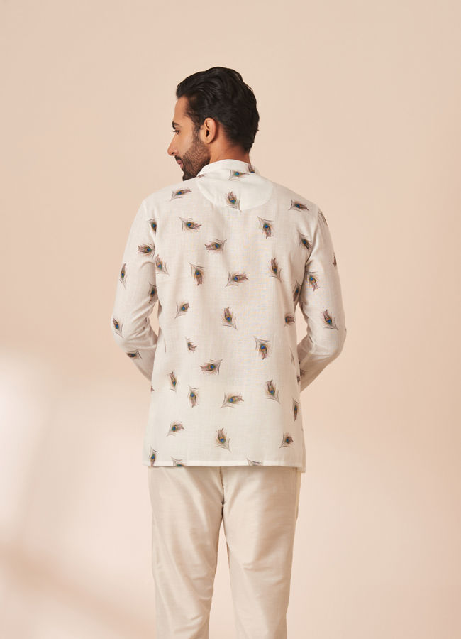 Manyavar Men White Peacock Motif Short Kurta