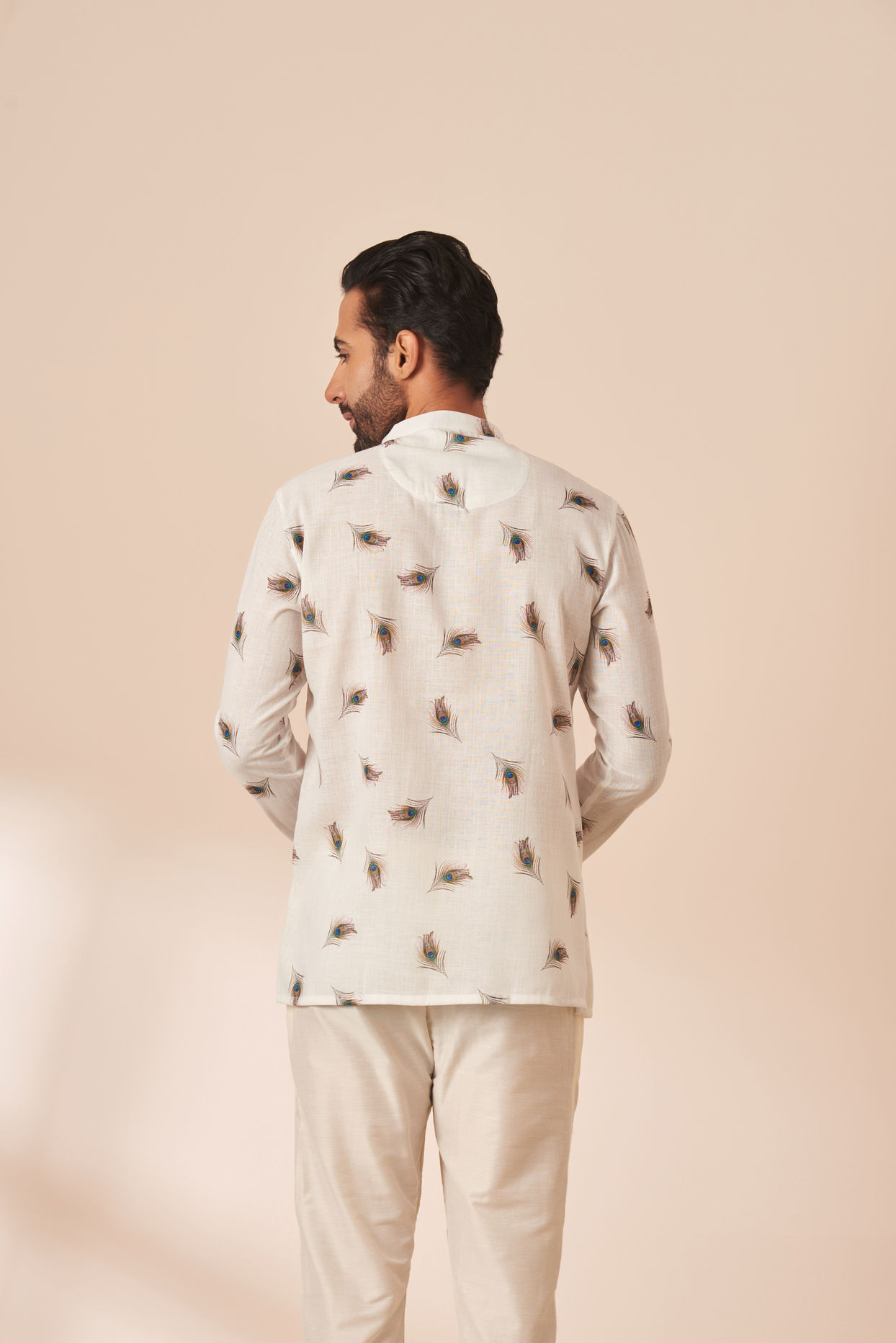 Manyavar Men White Peacock Motif Short Kurta