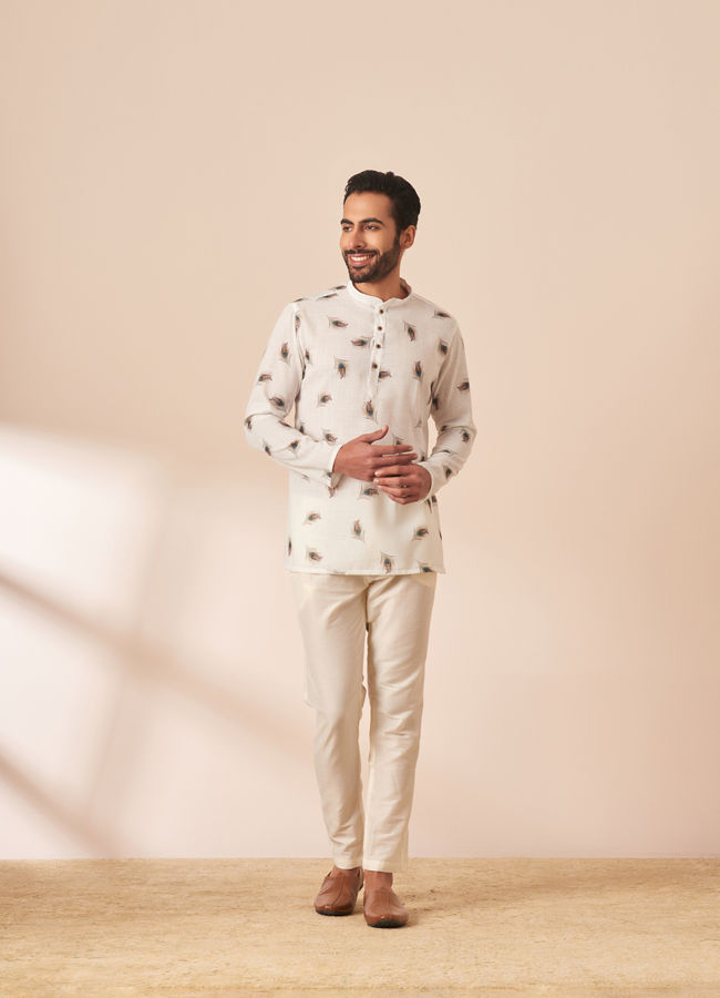 Manyavar Men White Peacock Motif Short Kurta