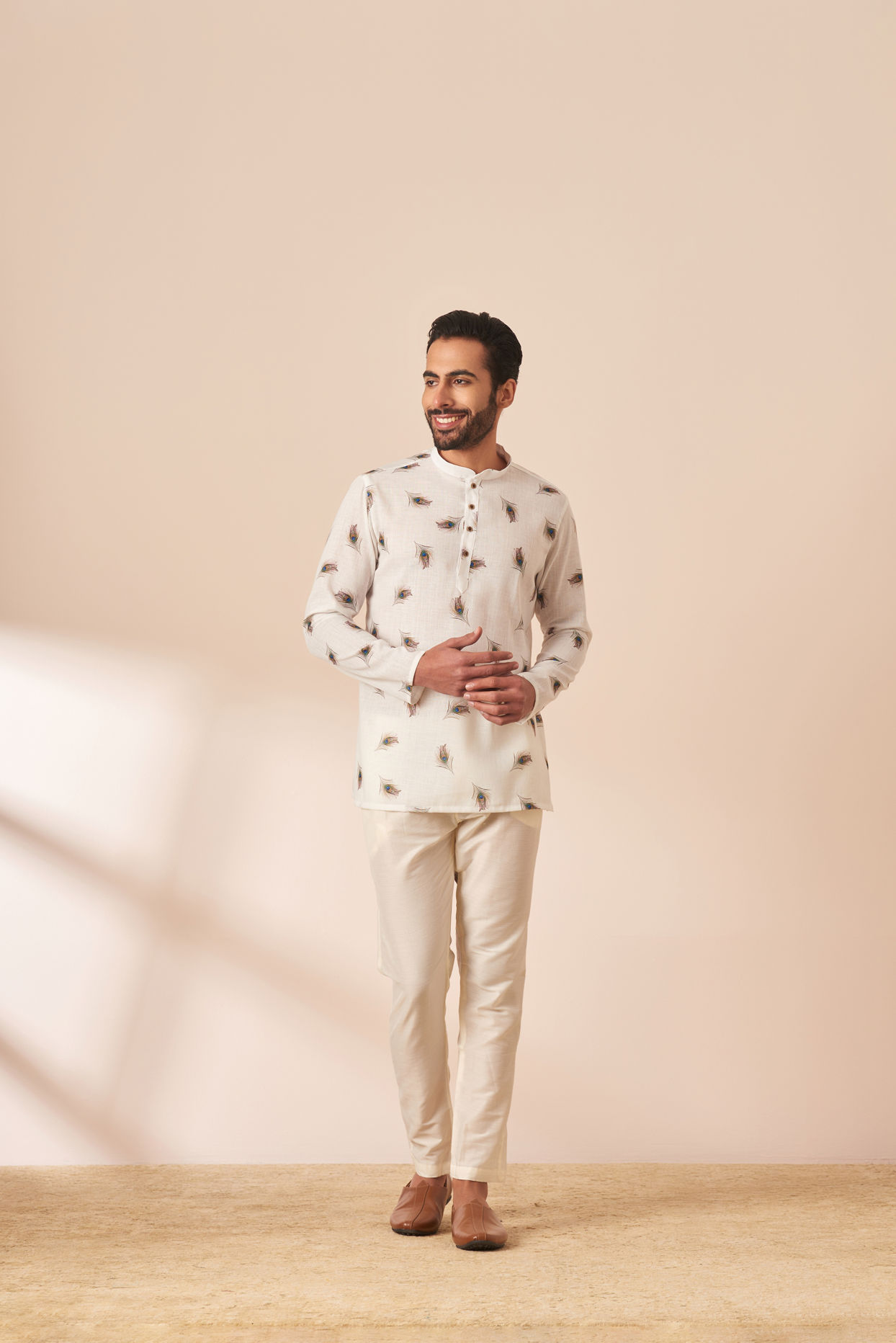 Manyavar Men White Peacock Motif Short Kurta
