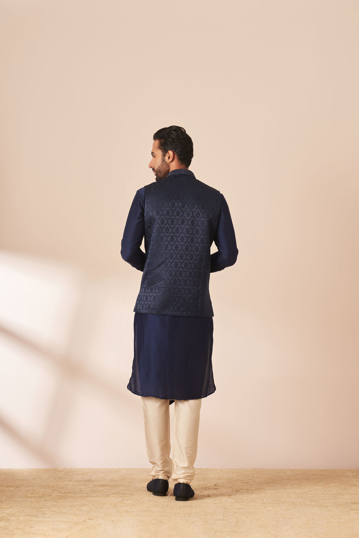 Manyavar Men Dark Blue Draped Kurta Jacket Set