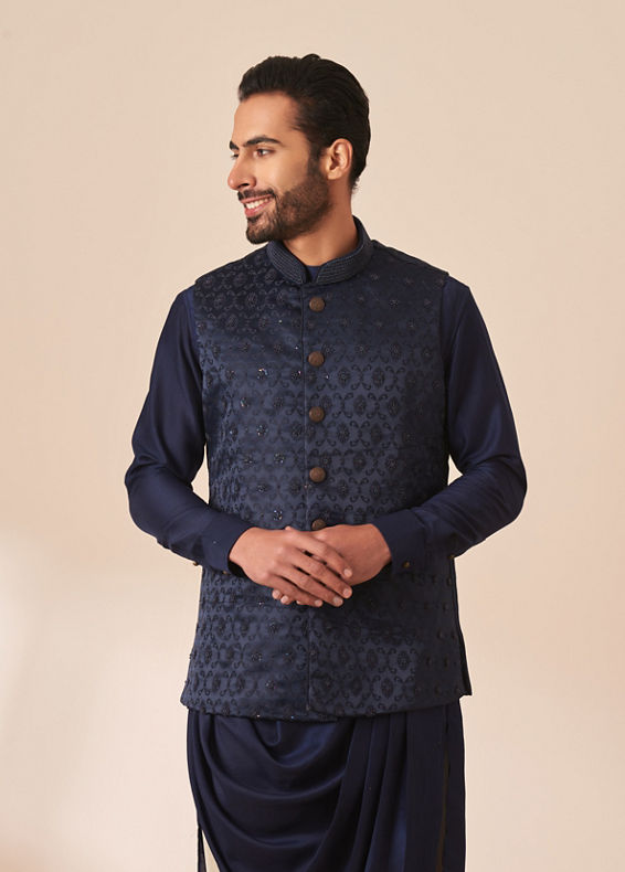 Manyavar Men Dark Blue Draped Kurta Jacket Set