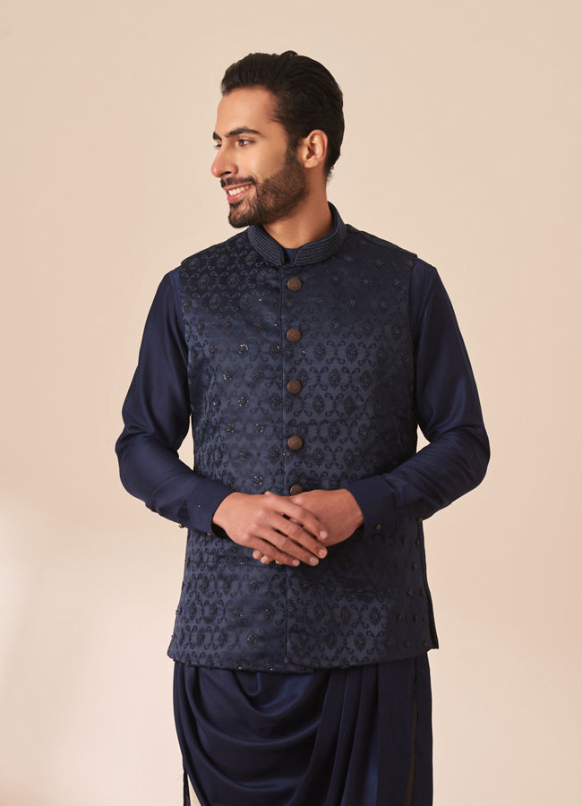 alt message - Manyavar Men Dark Blue Draped Kurta Jacket Set image number 0