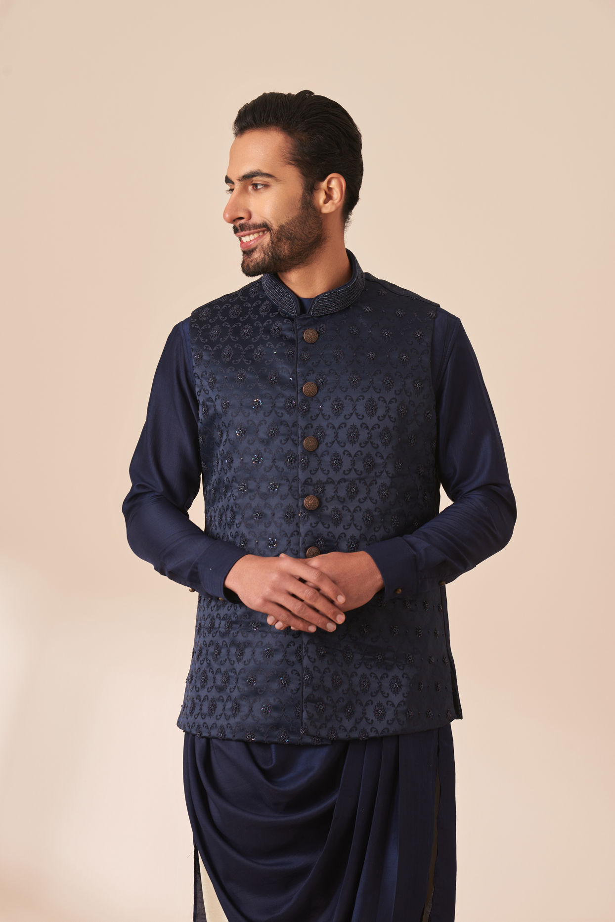 alt message - Manyavar Men Dark Blue Draped Kurta Jacket Set image number 0