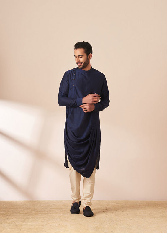 Manyavar Men Dark Blue Draped Kurta Jacket Set