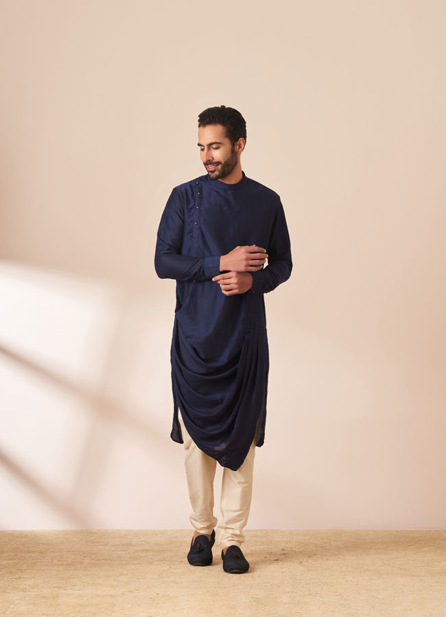 Dark Blue Draped Kurta Jacket Set image number 1