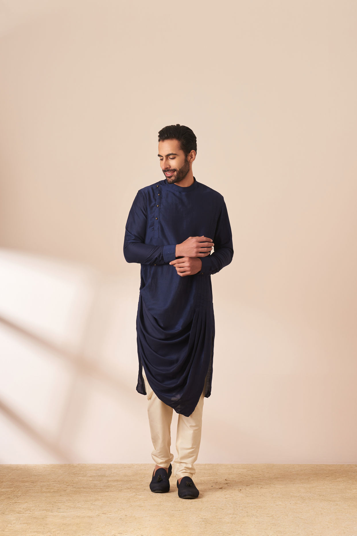 Manyavar Men Dark Blue Draped Kurta Jacket Set