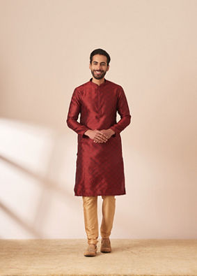 Manyavar Men Dark Maroon Jacquard Kurta Pajama