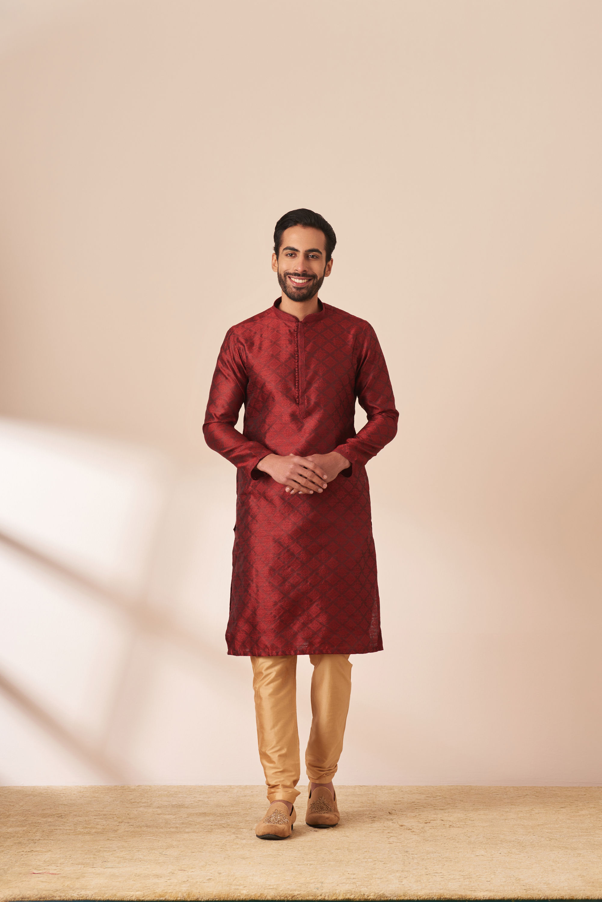 Manyavar Men Dark Maroon Jacquard Kurta Pajama