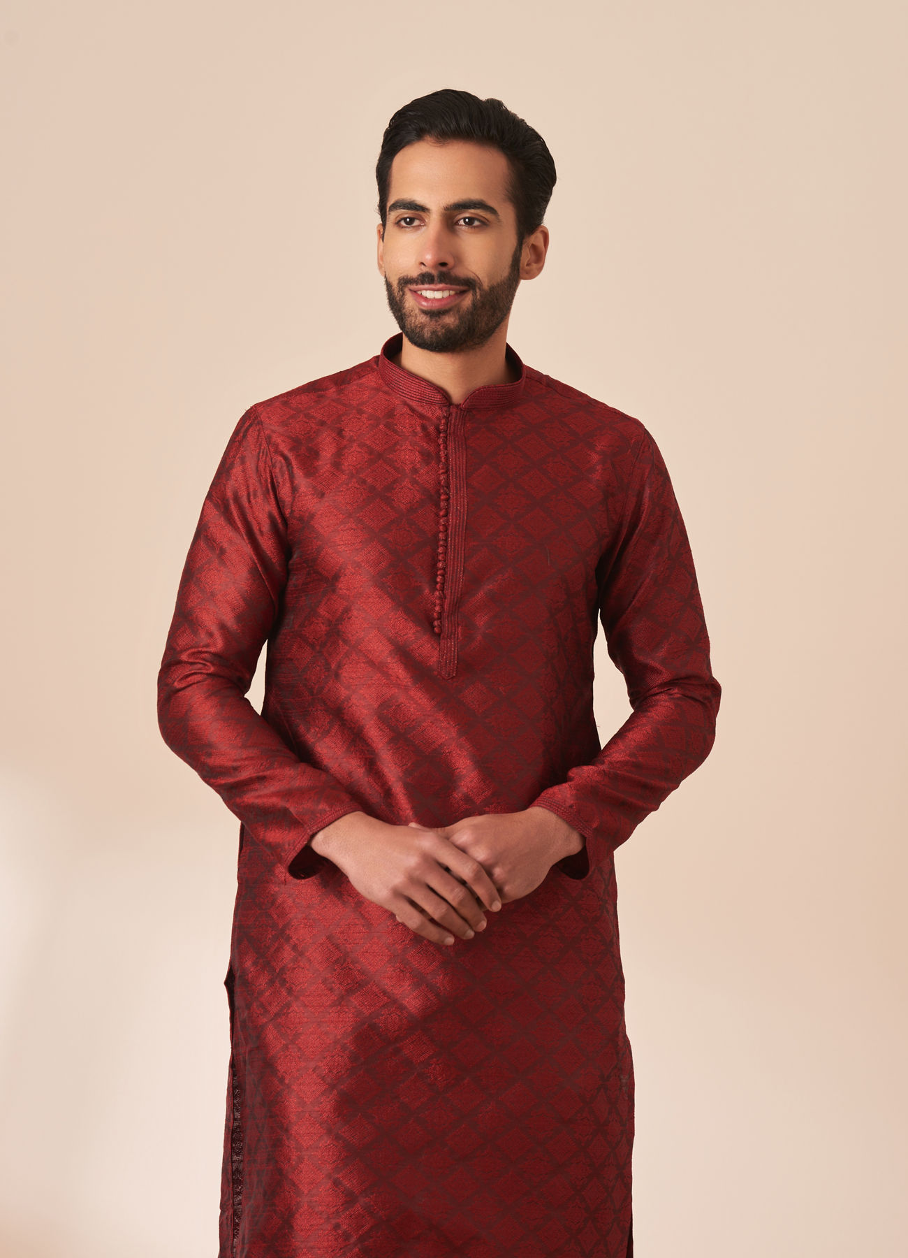 Manyavar Men Dark Maroon Jacquard Kurta Pajama