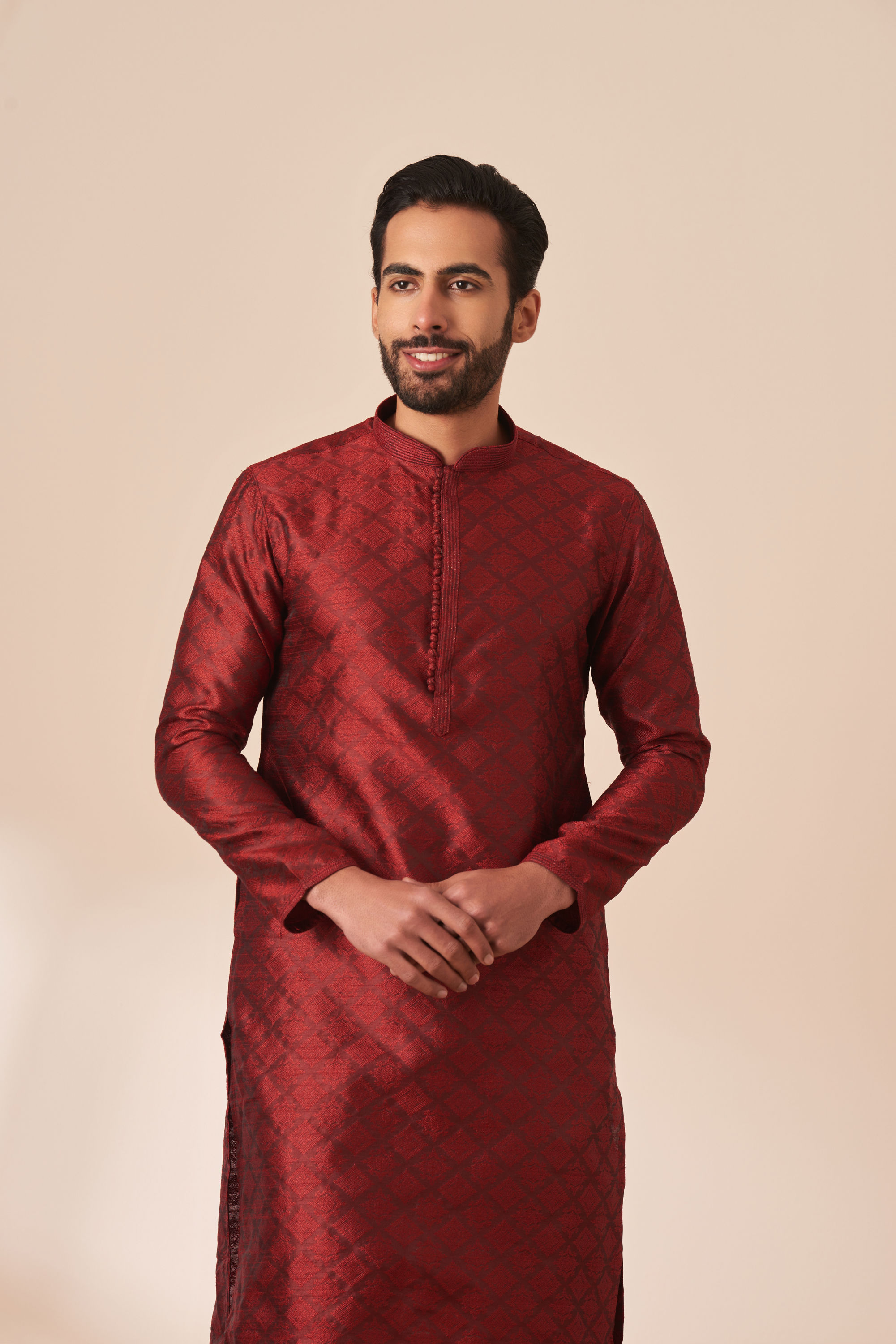 Manyavar Men Dark Maroon Jacquard Kurta Pajama