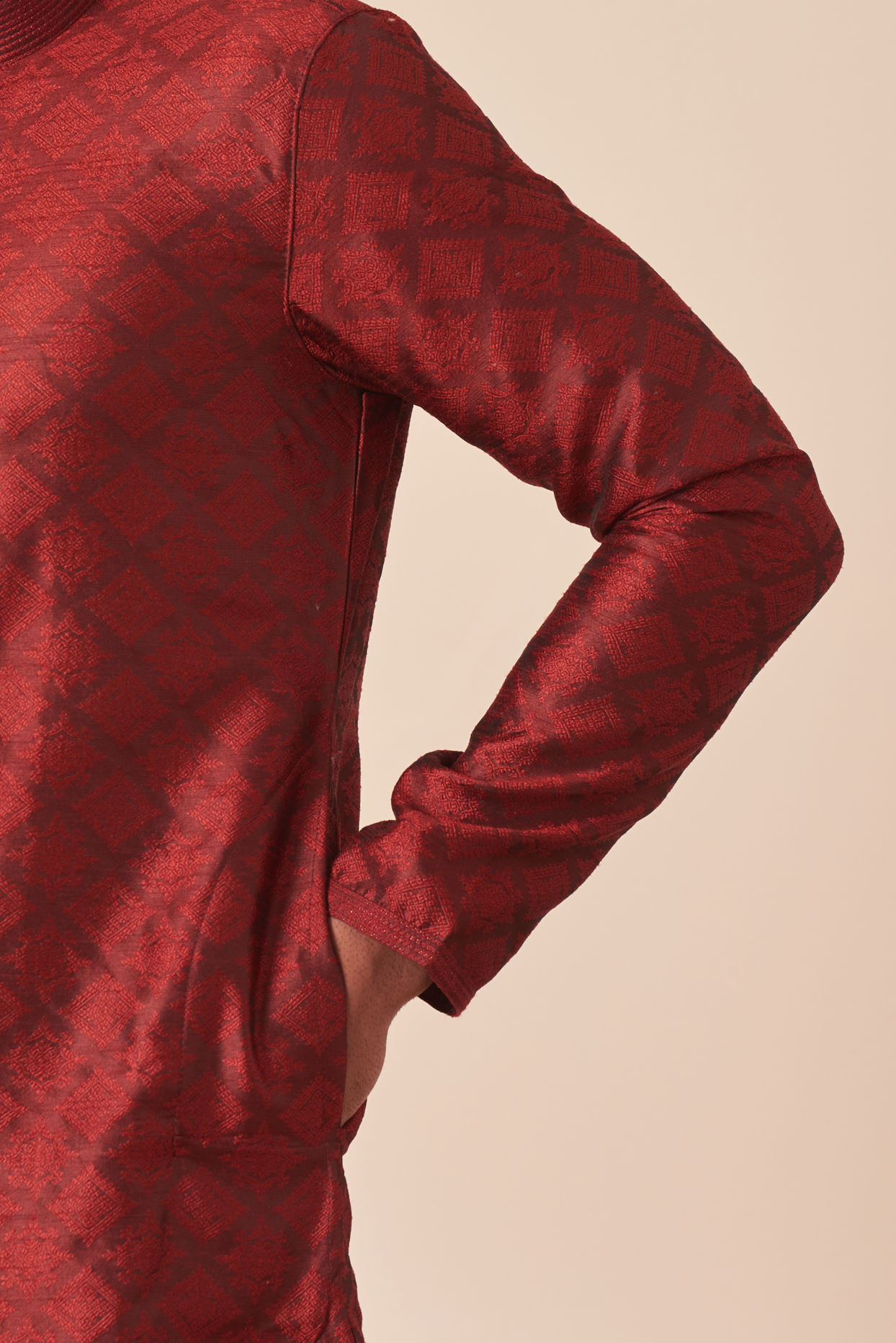 Manyavar Men Dark Maroon Jacquard Kurta Pajama