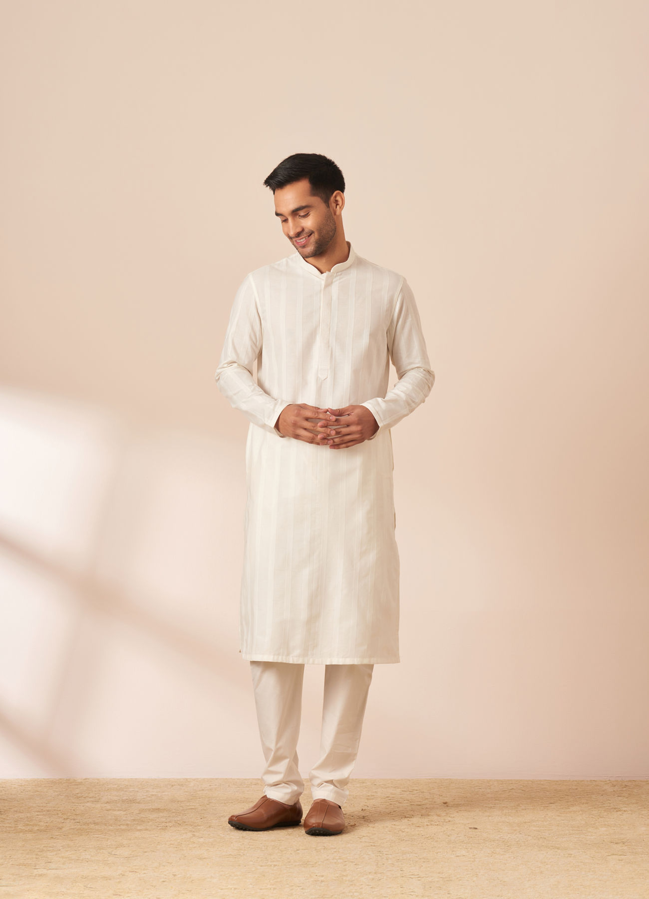 Manyavar Men Pearl White Self Striped Kurta Pajama