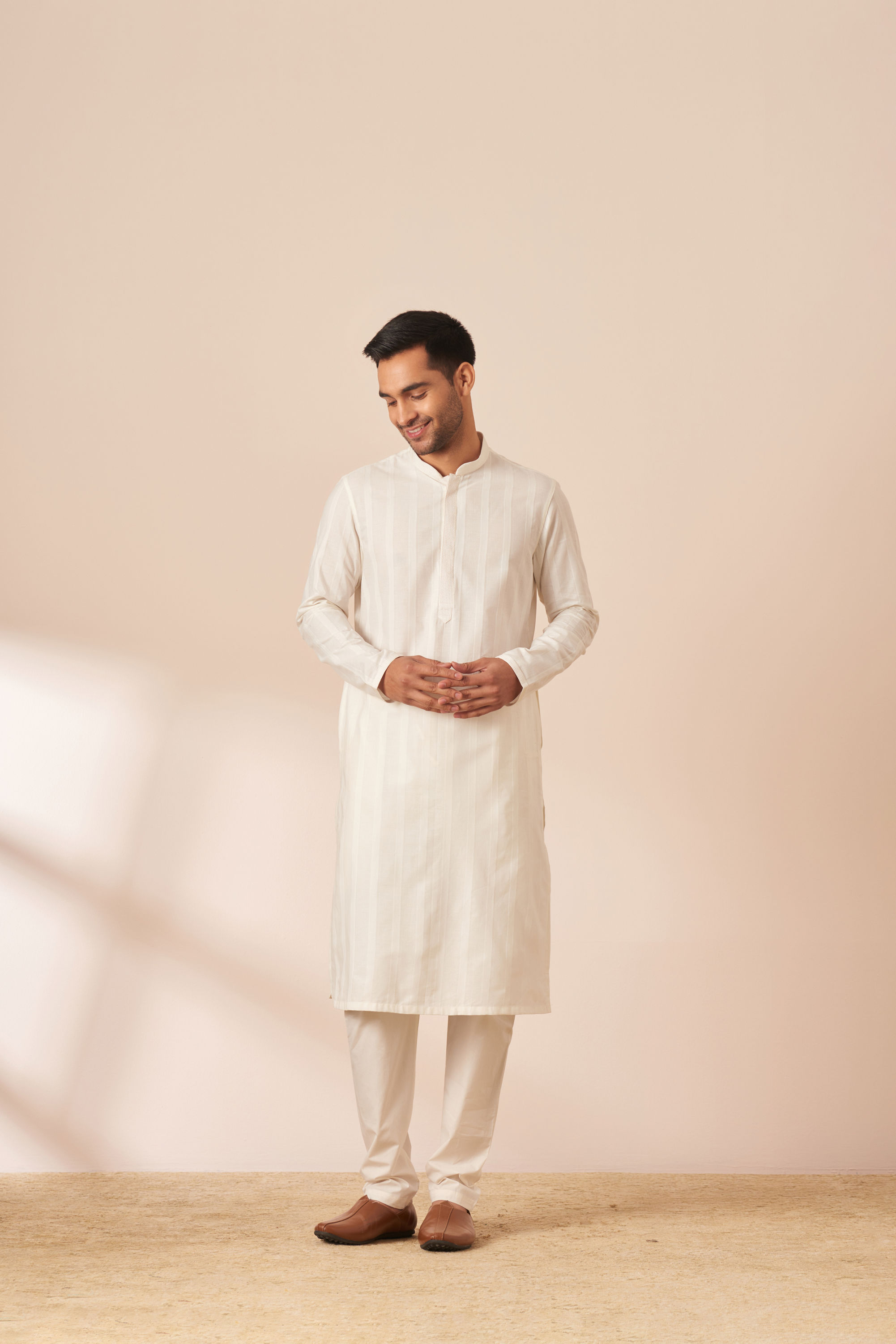 Manyavar Men Pearl White Self Striped Kurta Pajama