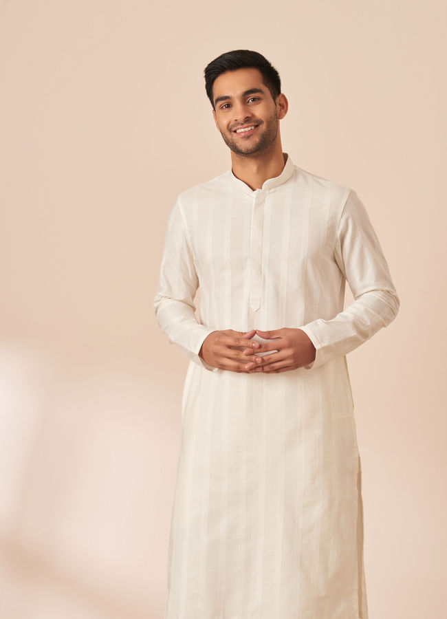 alt message - Manyavar Men Pearl White Self Striped Kurta Pajama image number 0