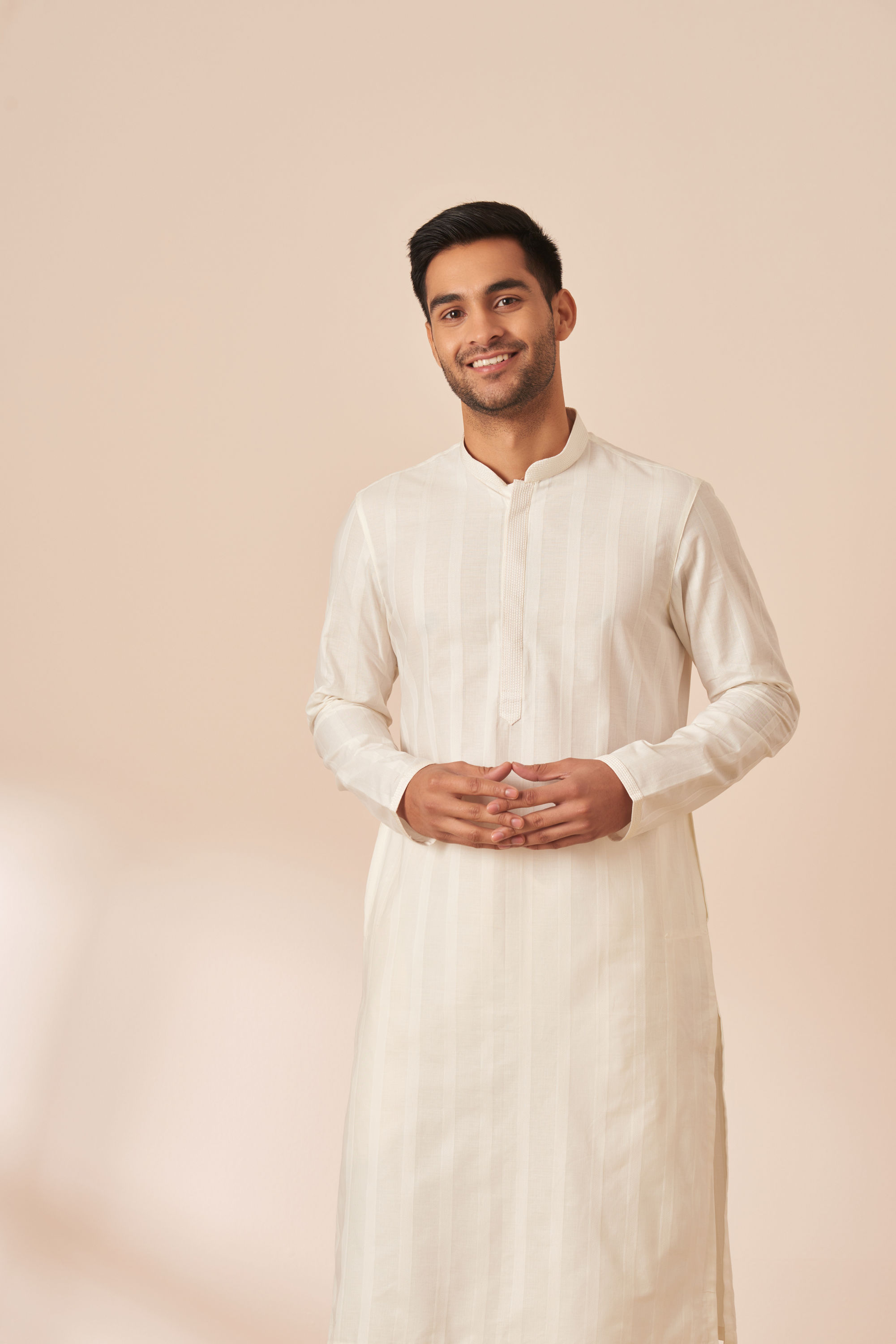 Manyavar Men Pearl White Self Striped Kurta Pajama