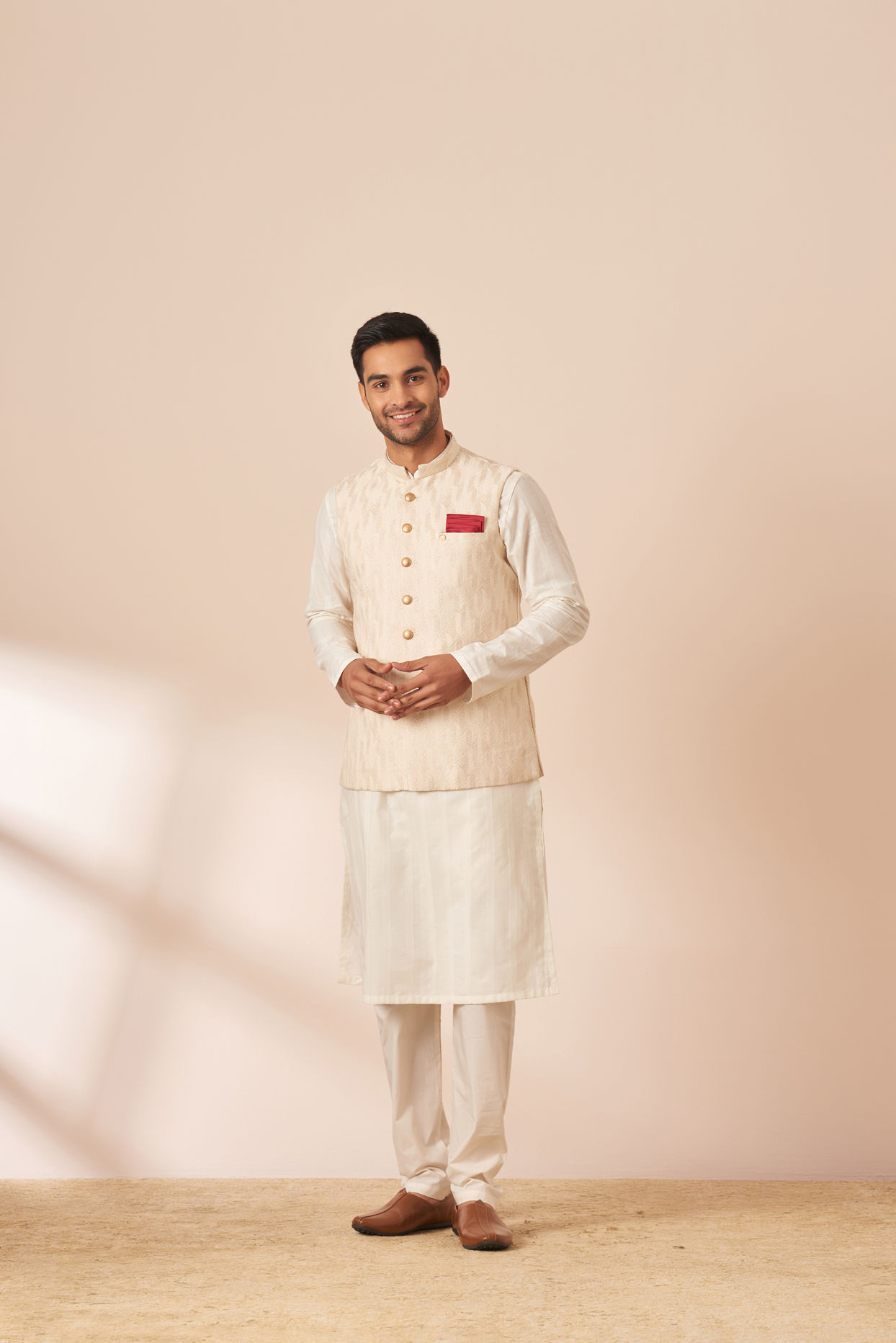 Manyavar Men Light Cream Jacquard Jacket