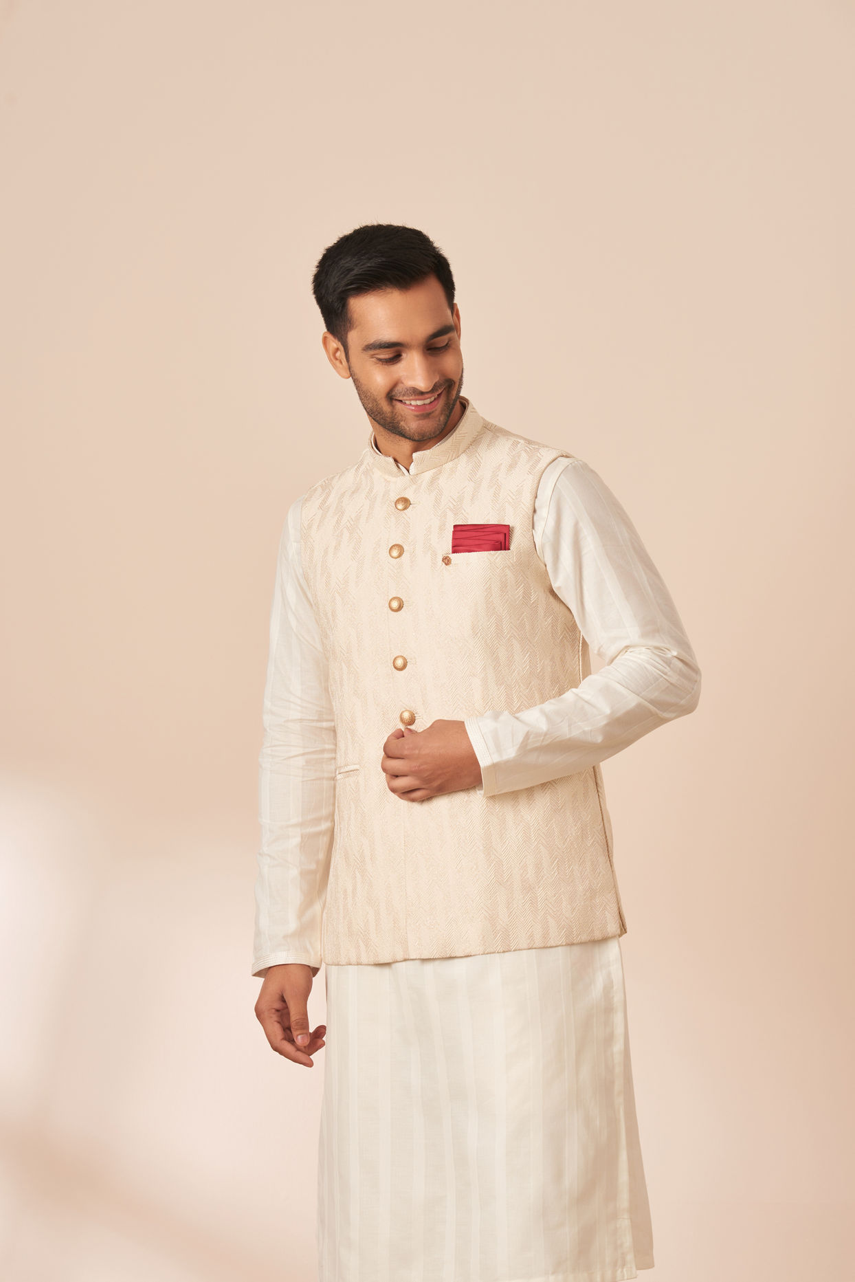 Manyavar Men Light Cream Jacquard Jacket