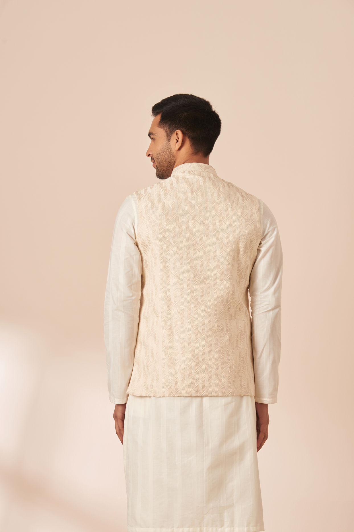 Manyavar Men Light Cream Jacquard Jacket