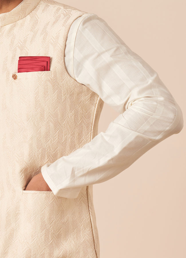Manyavar Men Light Cream Jacquard Jacket