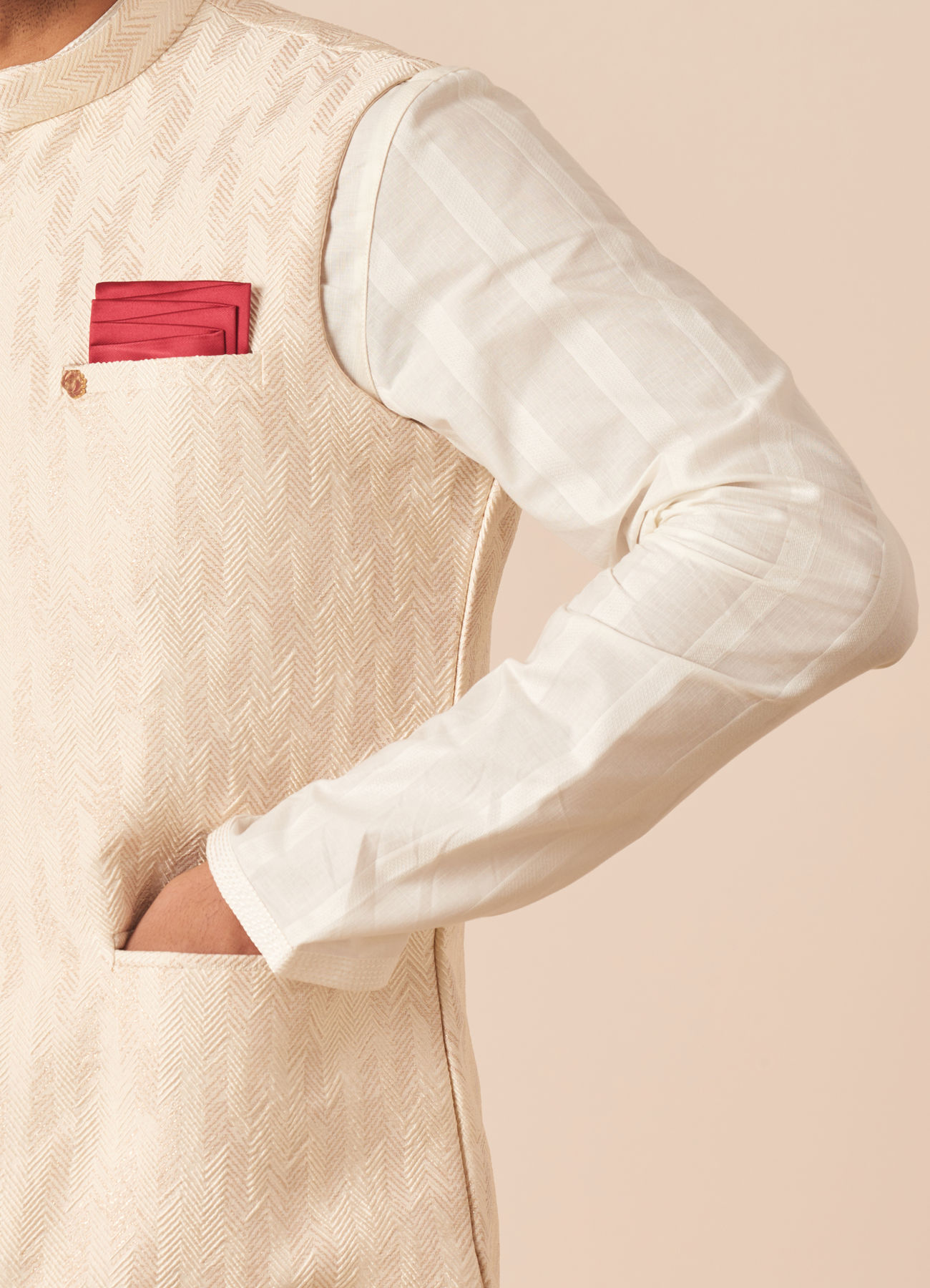 Manyavar Men Light Cream Jacquard Jacket