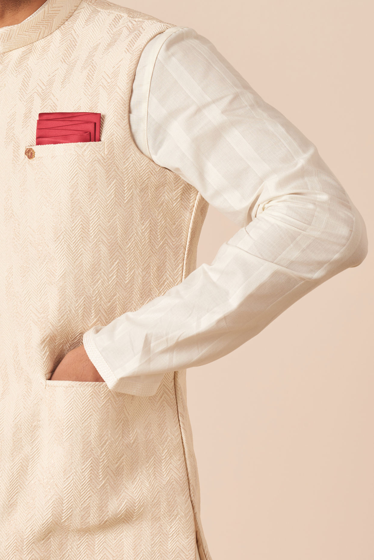 Manyavar Men Light Cream Jacquard Jacket