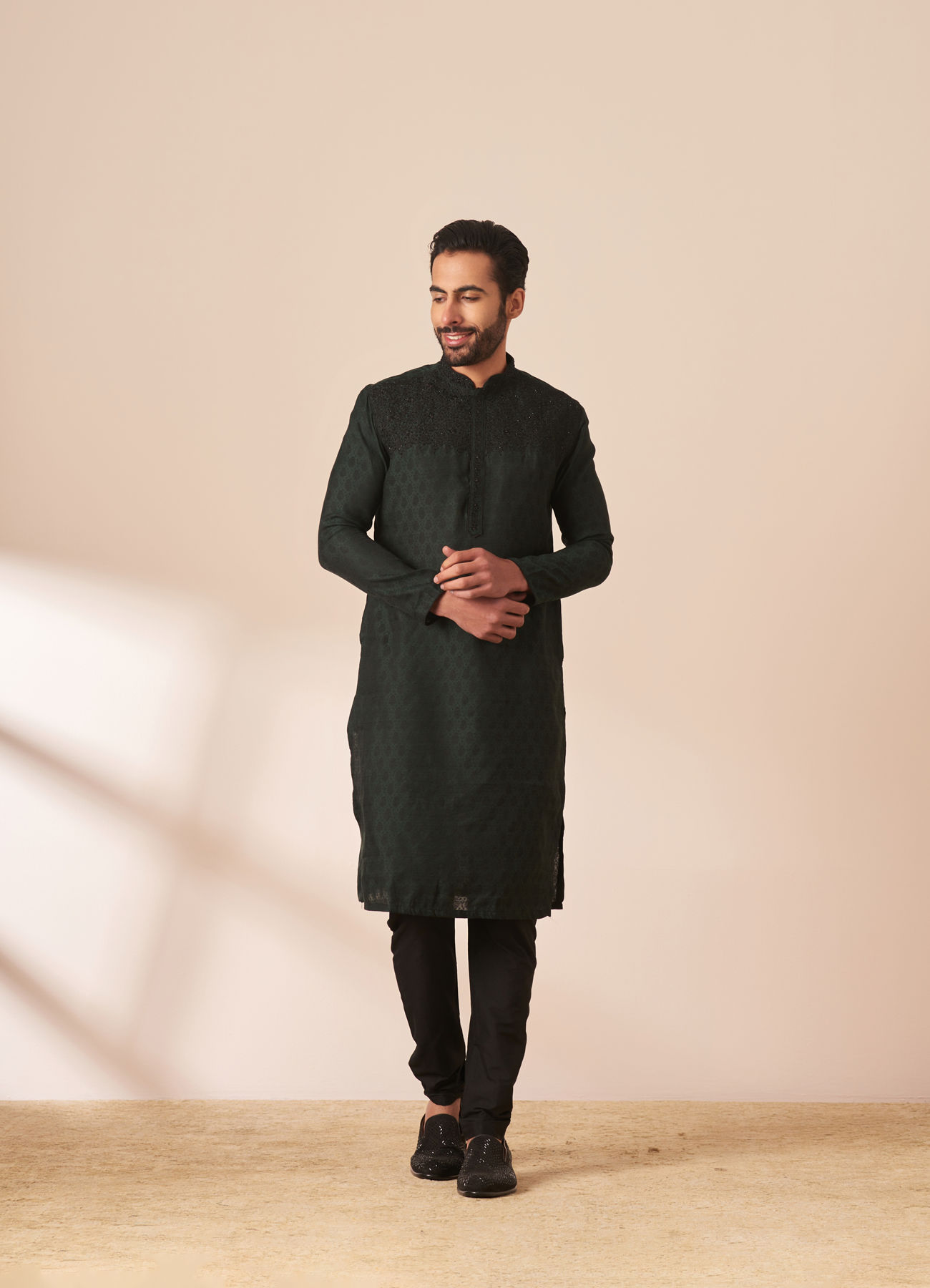 Manyavar Men Dark Green Jacquard Kurta Pajama