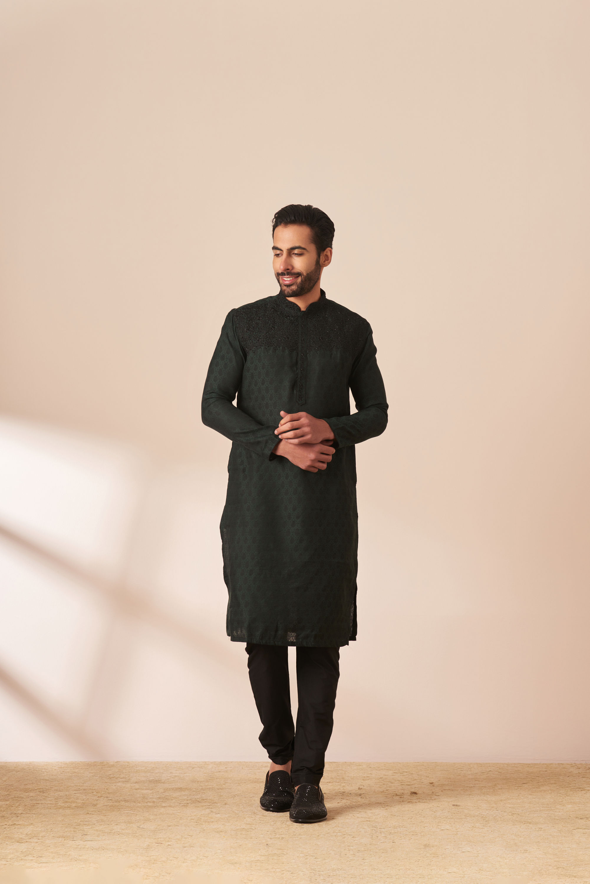 Manyavar Men Dark Green Jacquard Kurta Pajama