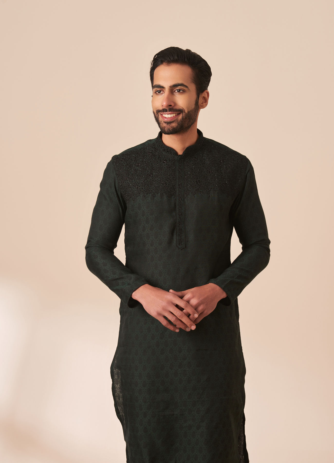 Manyavar Men Dark Green Jacquard Kurta Pajama