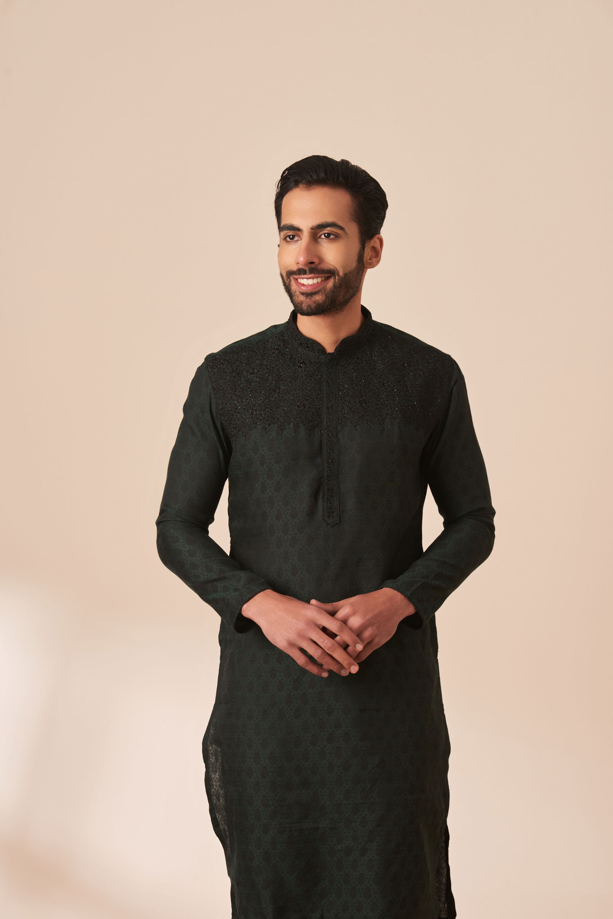 Manyavar Men Dark Green Jacquard Kurta Pajama