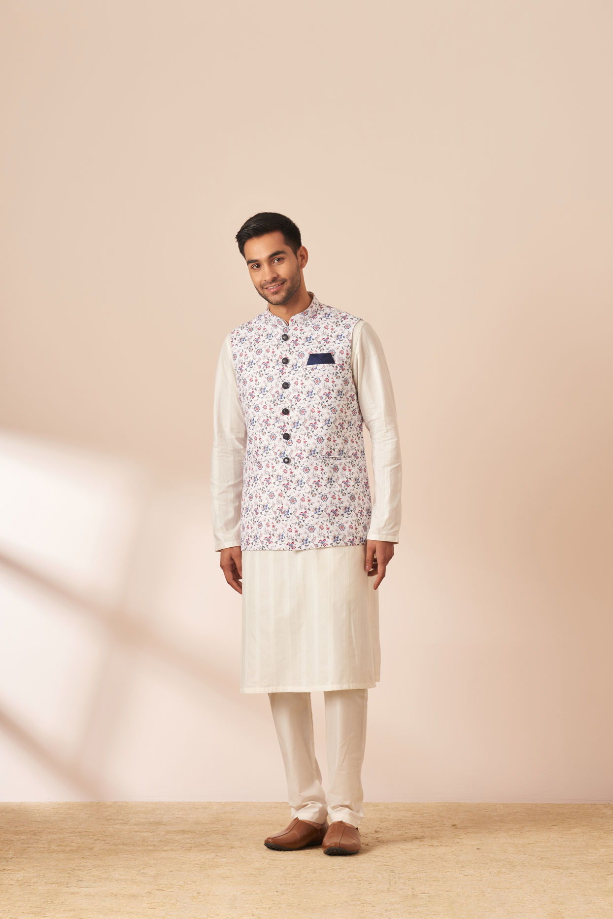 Manyavar Men White Multicolor Printed Jacket