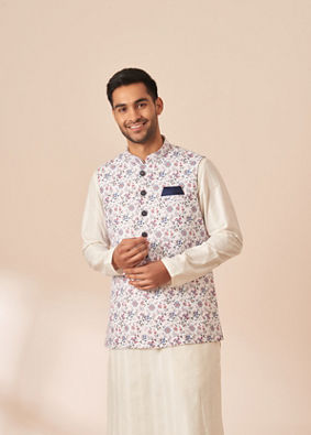 alt message - Manyavar Men White Multicolor Printed Jacket image number 0