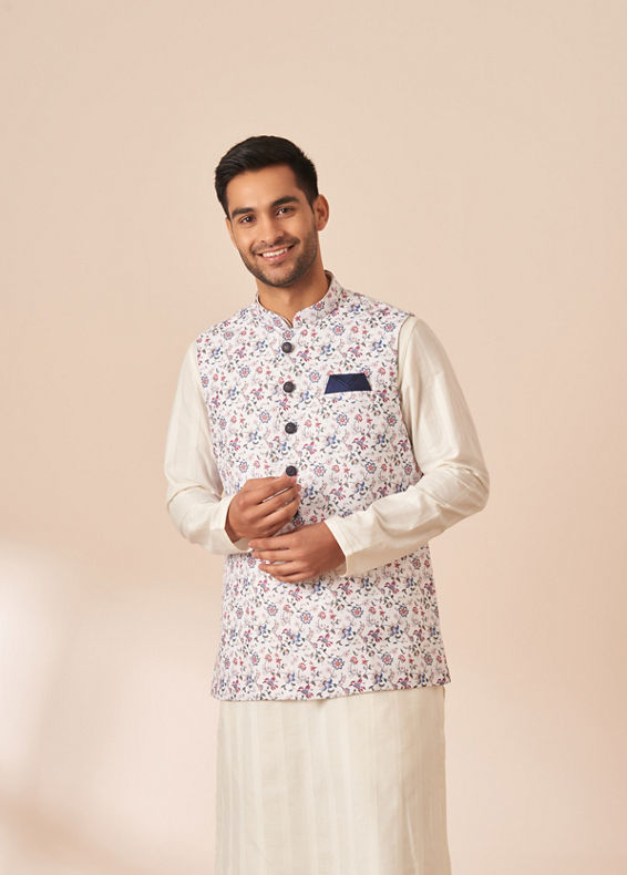 Manyavar Men White Multicolor Printed Jacket