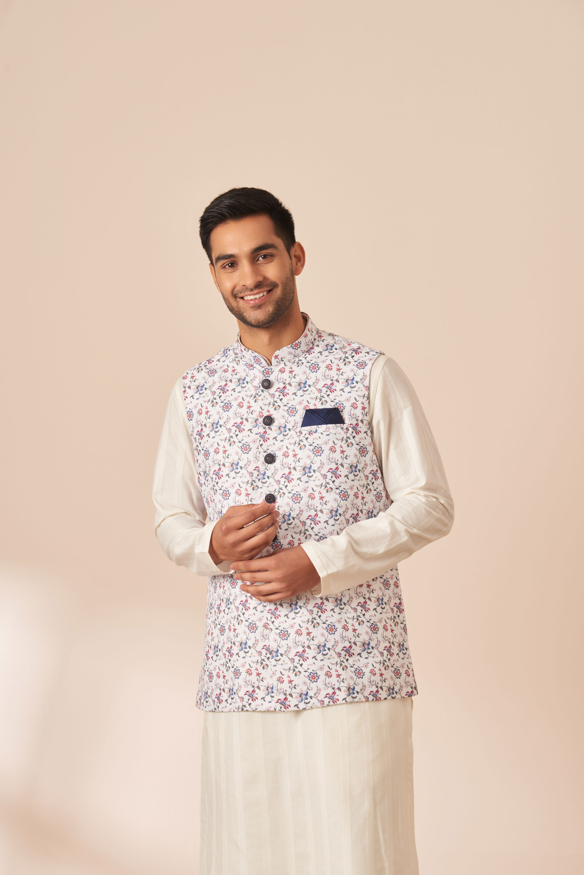 Manyavar Men White Multicolor Printed Jacket