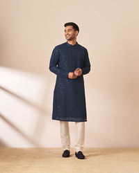 Manyavar Men Blue Chikankari Sequins Embroidered Kurta Pajama