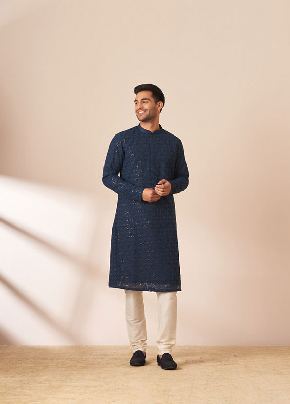Manyavar Men Blue Chikankari Sequins Embroidered Kurta Pajama