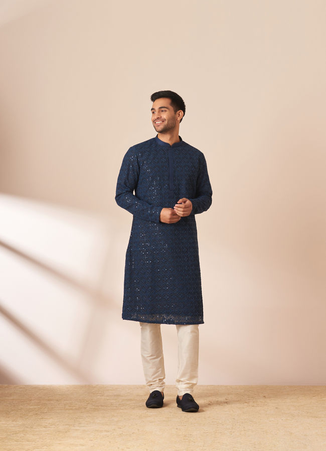Manyavar Men Blue Chikankari Sequins Embroidered Kurta Pajama