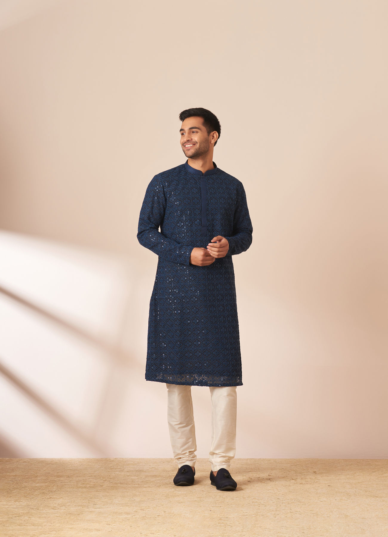 Manyavar Men Blue Chikankari Sequins Embroidered Kurta Pajama