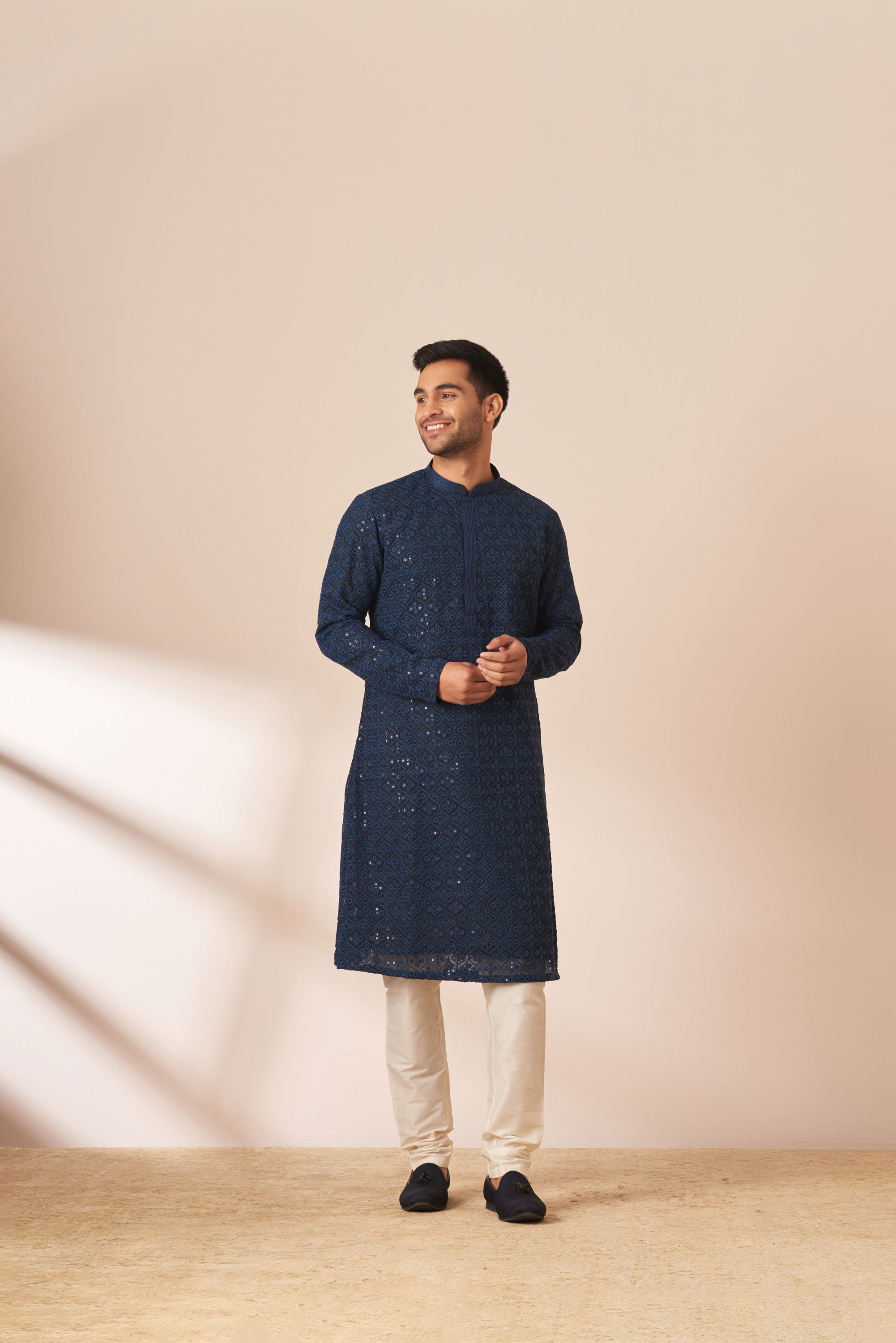 Manyavar Men Blue Chikankari Sequins Embroidered Kurta Pajama