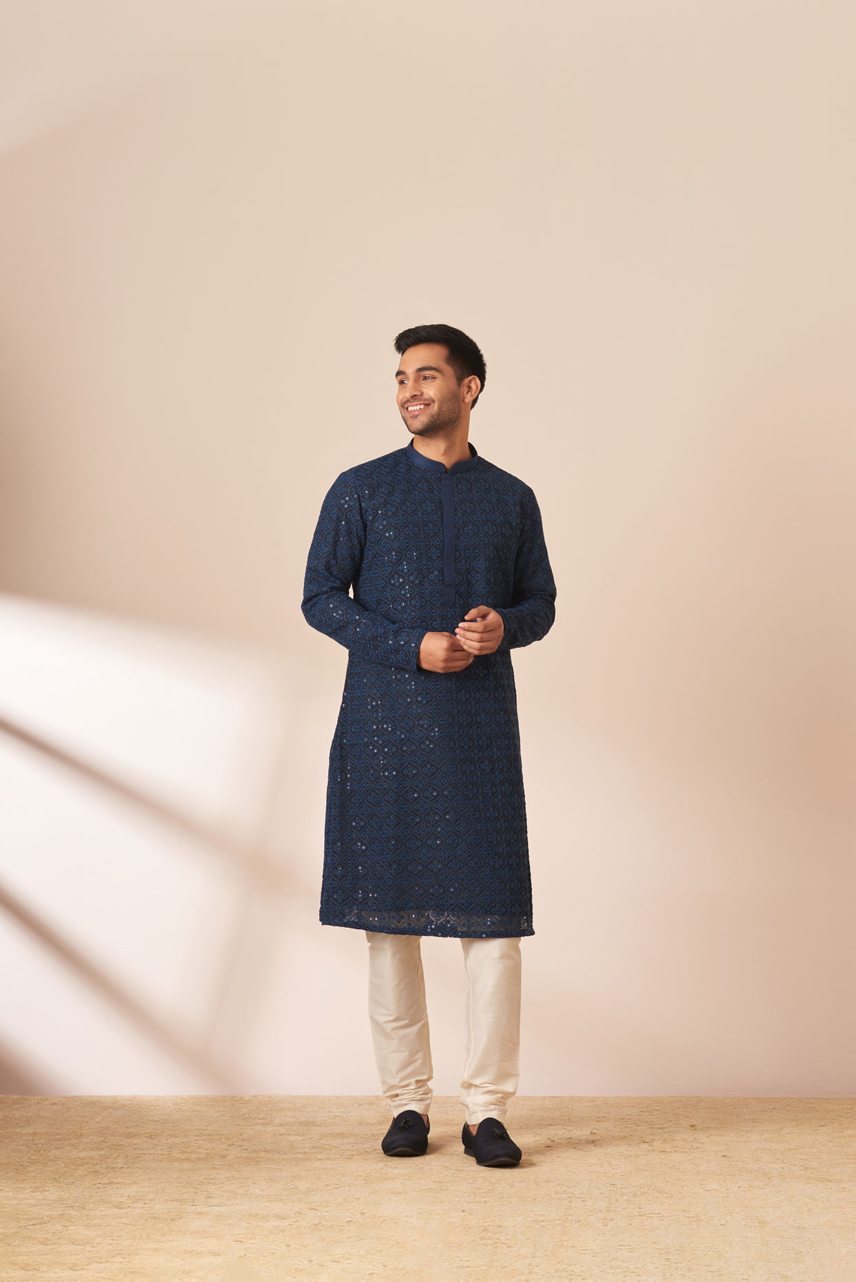 Manyavar Men Blue Chikankari Sequins Embroidered Kurta Pajama