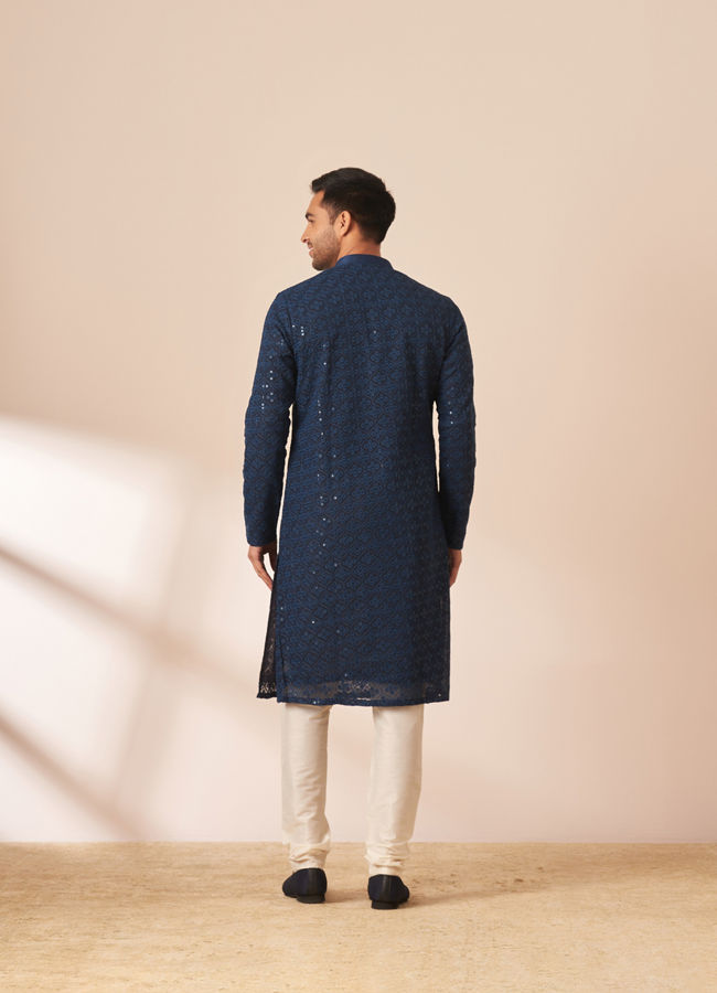 Manyavar Men Blue Chikankari Sequins Embroidered Kurta Pajama