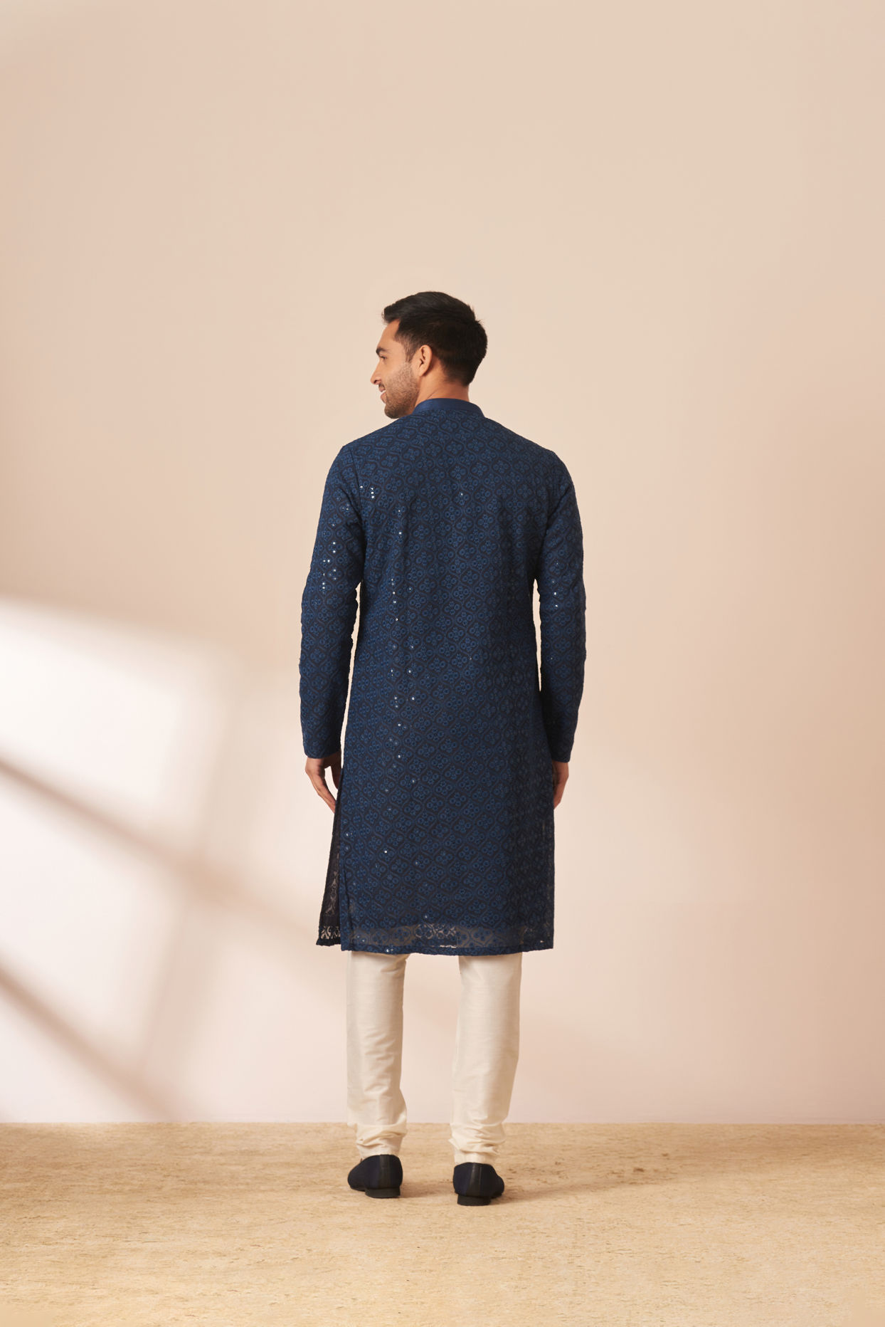 Manyavar Men Blue Chikankari Sequins Embroidered Kurta Pajama