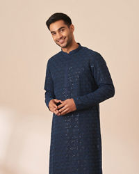 Manyavar Men Blue Chikankari Sequins Embroidered Kurta Pajama